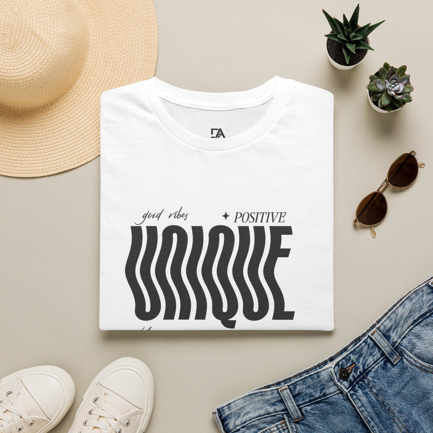 Unique Graphic T-Shirt — "Good Vibes + Positive" Retro Wavy Text