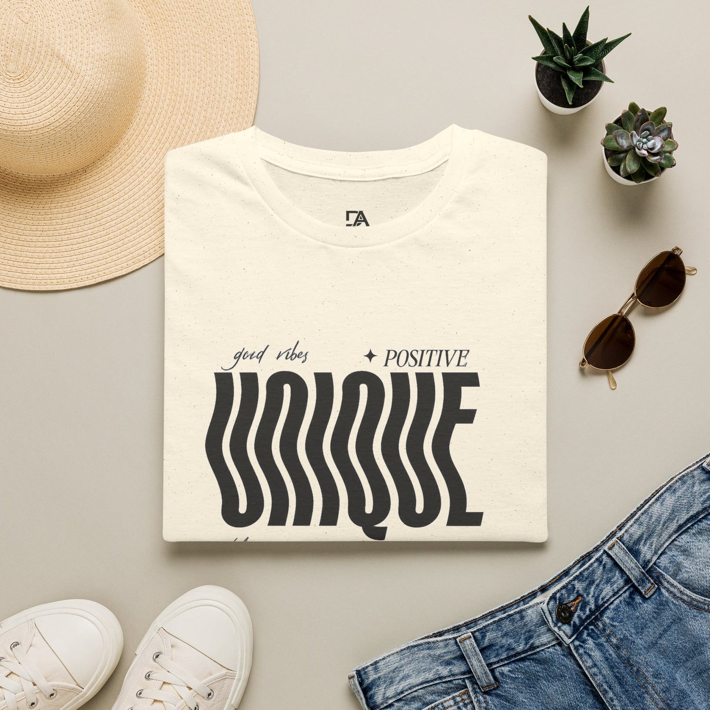 Unique Graphic T-Shirt — "Good Vibes + Positive" Retro Wavy Text