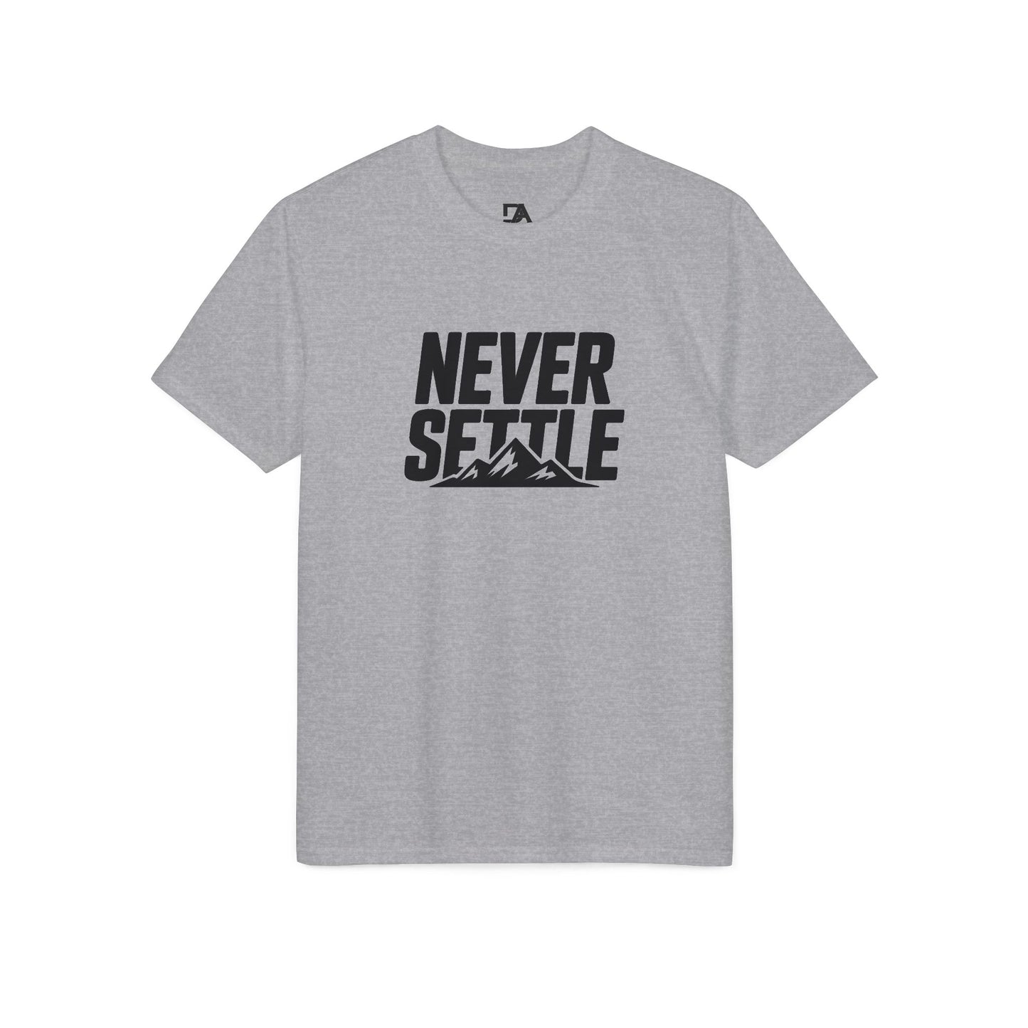 Never Settle Performance T-Shirt — Motivational Outdoor Graphic Tee