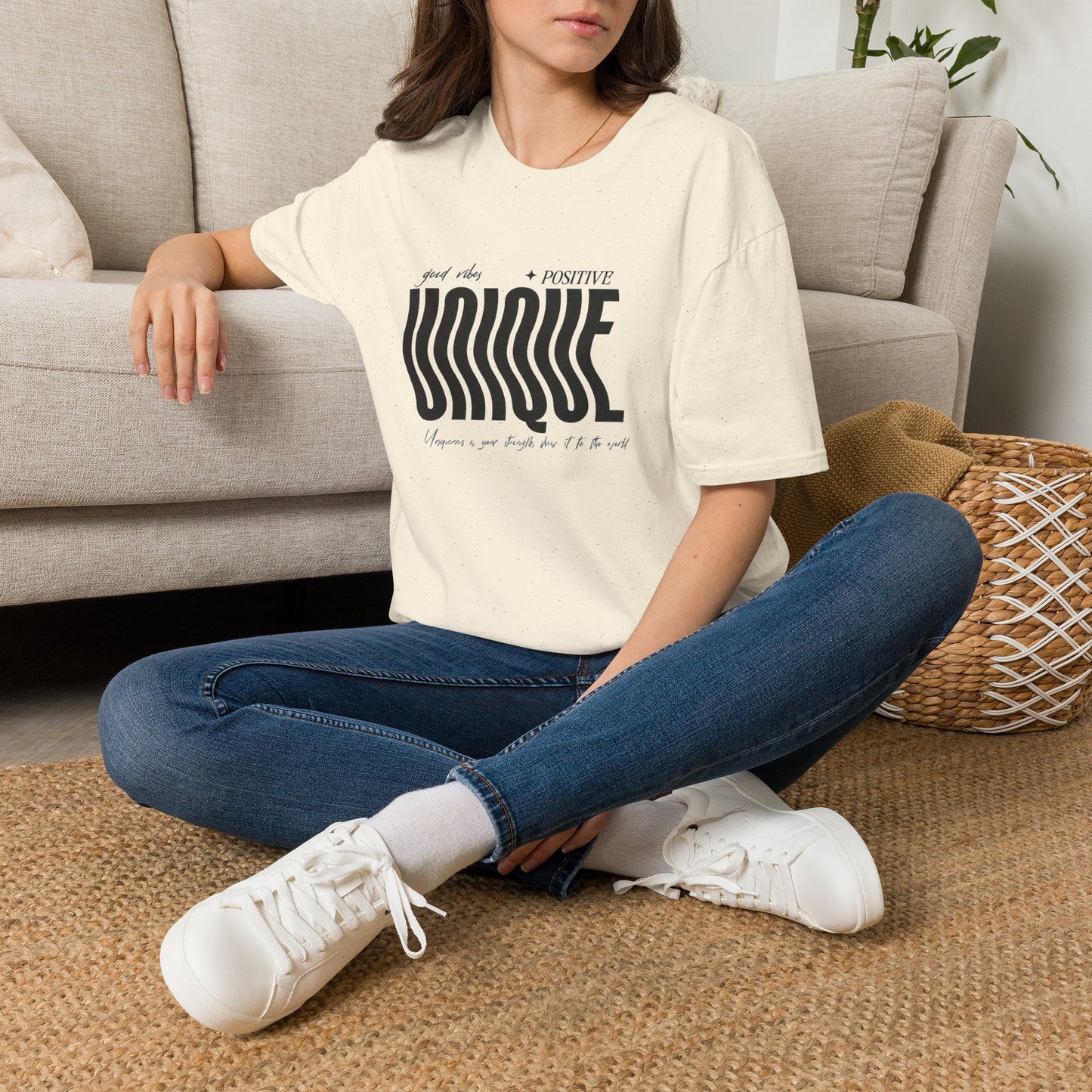 Unique Graphic T-Shirt — "Good Vibes + Positive" Retro Wavy Text