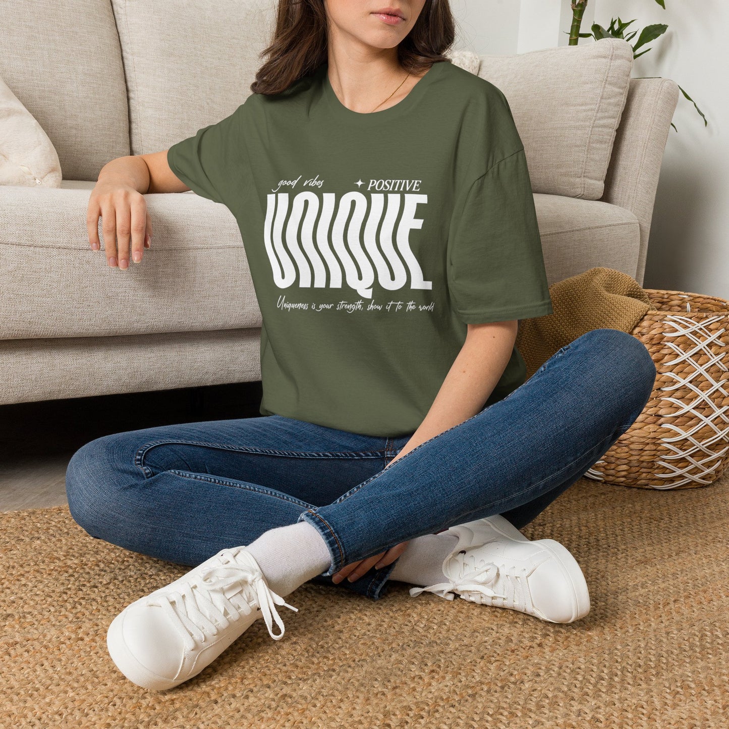 Unique Graphic T-Shirt — "Good Vibes + Positive" Retro Wavy Text
