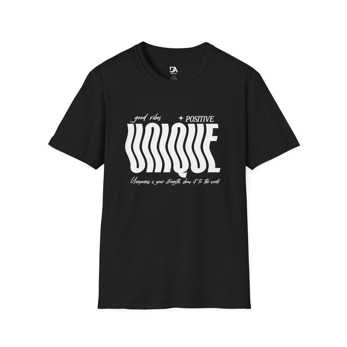 Unique Graphic T-Shirt — "Good Vibes + Positive" Retro Wavy Text
