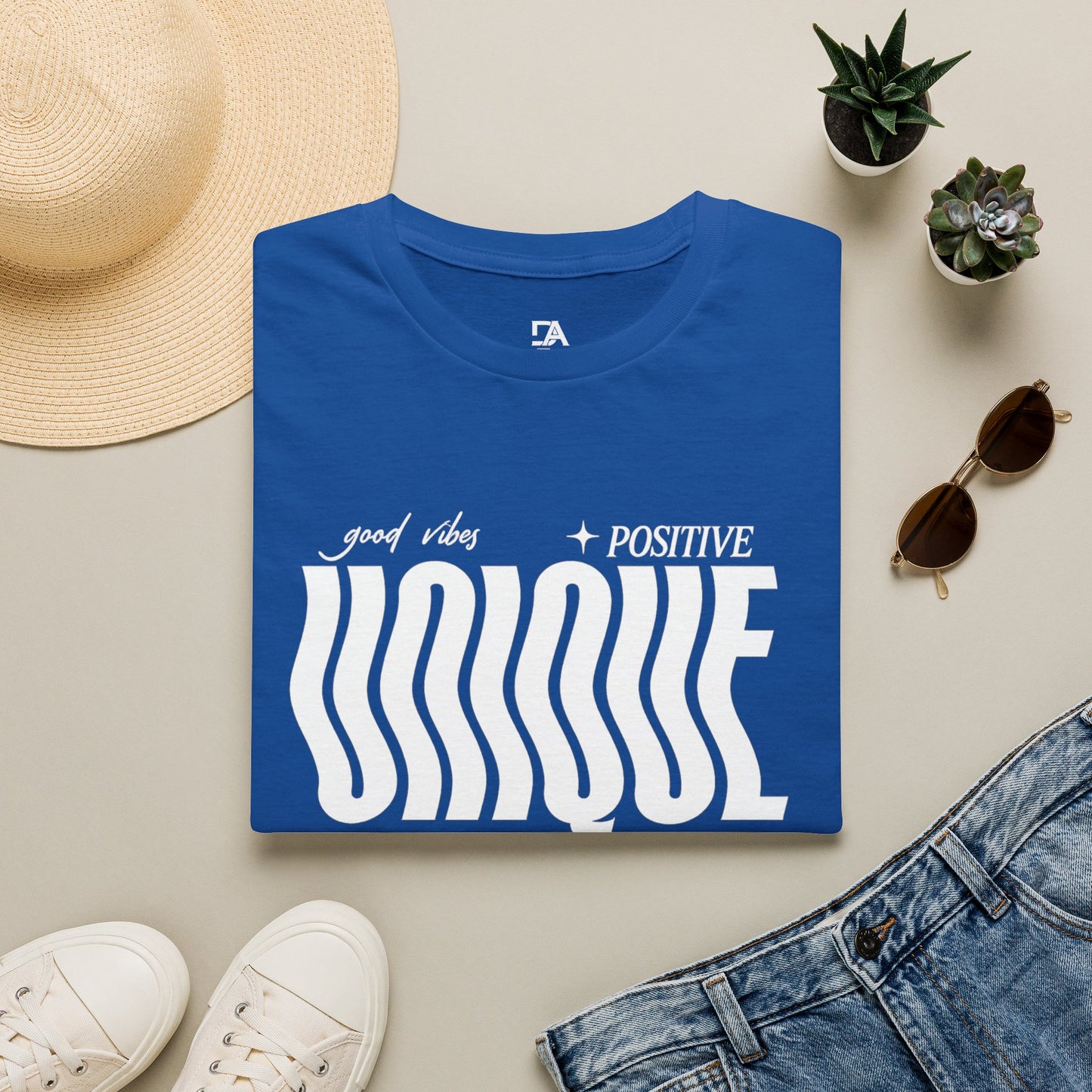 Unique Graphic T-Shirt — "Good Vibes + Positive" Retro Wavy Text
