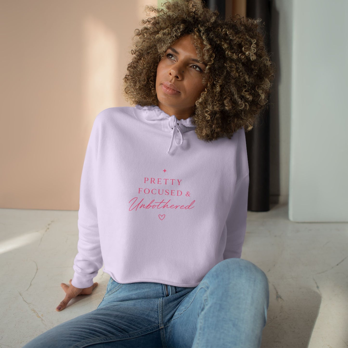 “Pretty, Focused & Unbothered” Pink Script Crop Sweatshirt