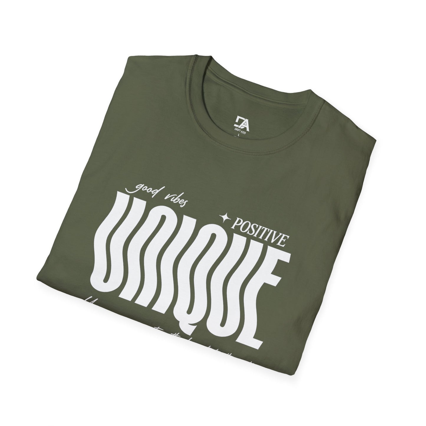 Unique Graphic T-Shirt — "Good Vibes + Positive" Retro Wavy Text