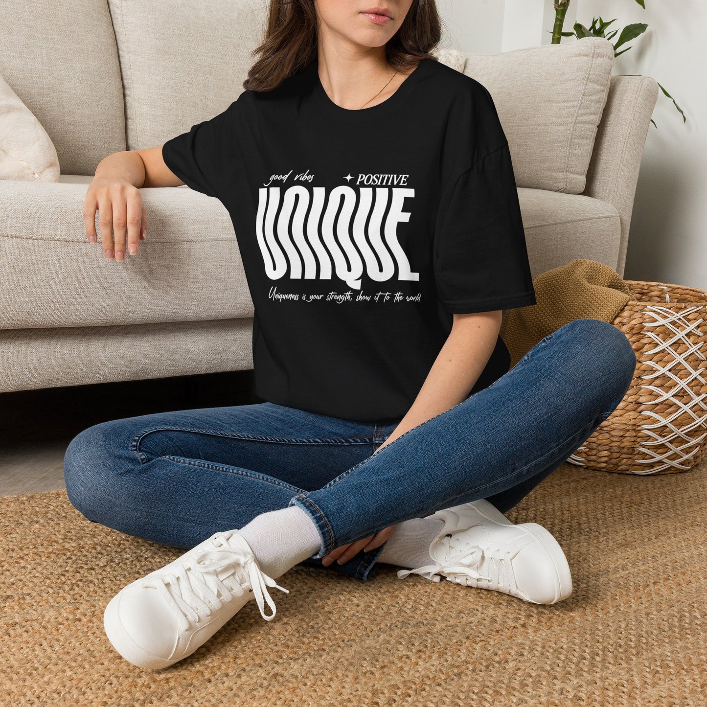 Unique Graphic T-Shirt — "Good Vibes + Positive" Retro Wavy Text