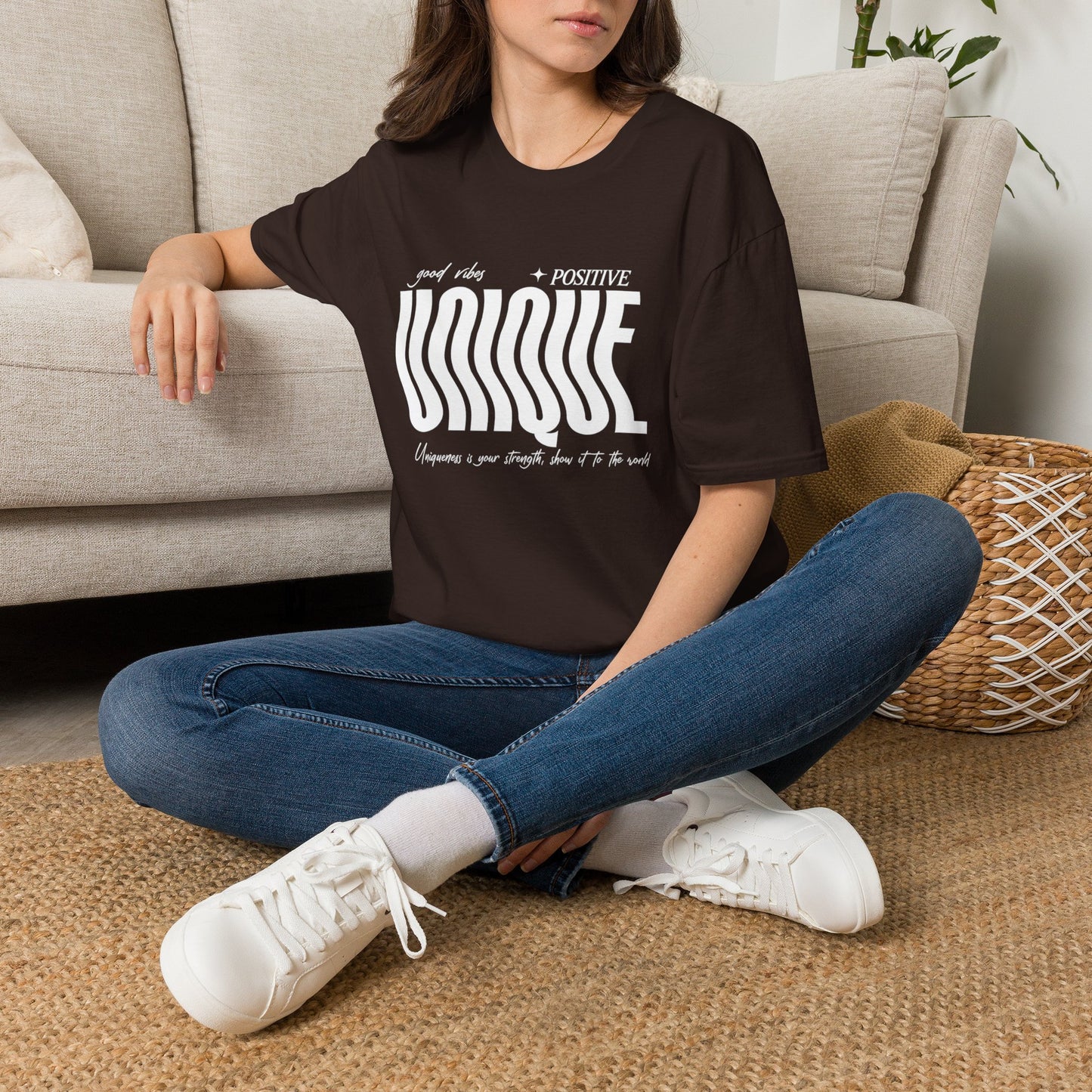 Unique Graphic T-Shirt — "Good Vibes + Positive" Retro Wavy Text