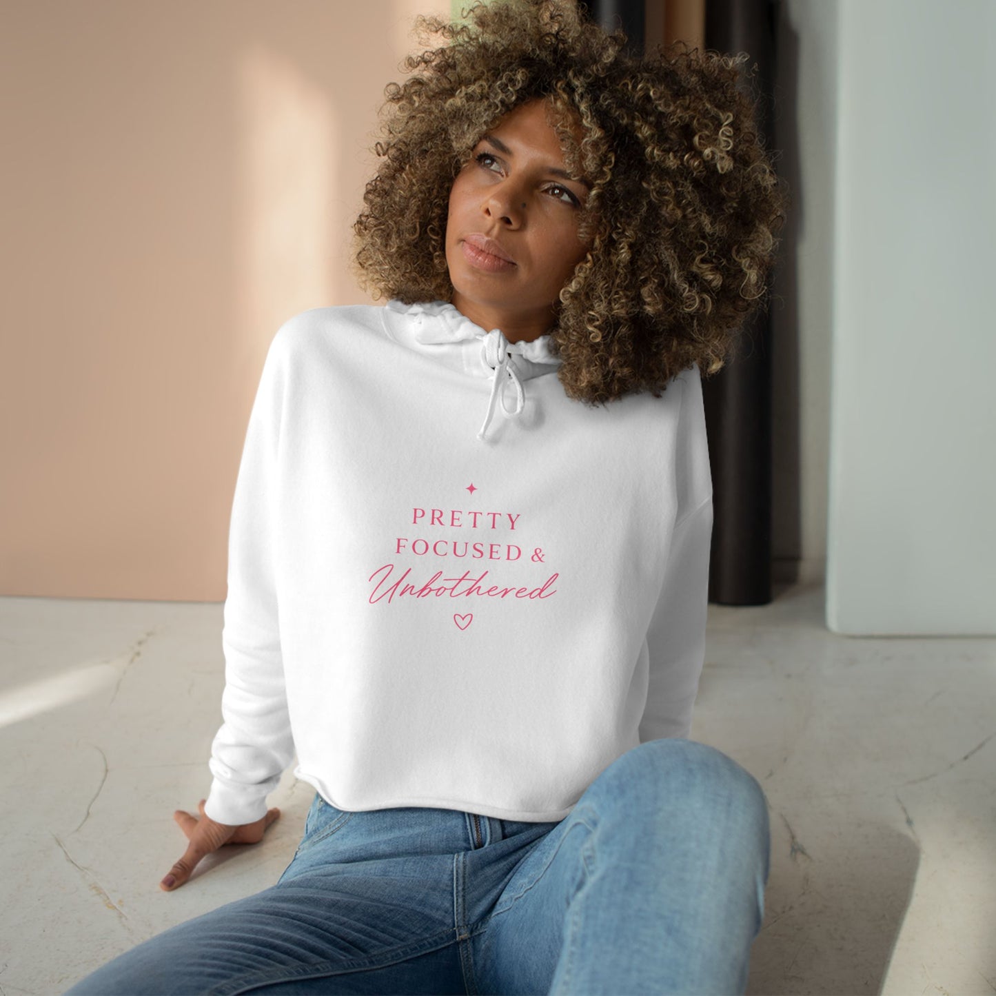 “Pretty, Focused & Unbothered” Pink Script Crop Sweatshirt