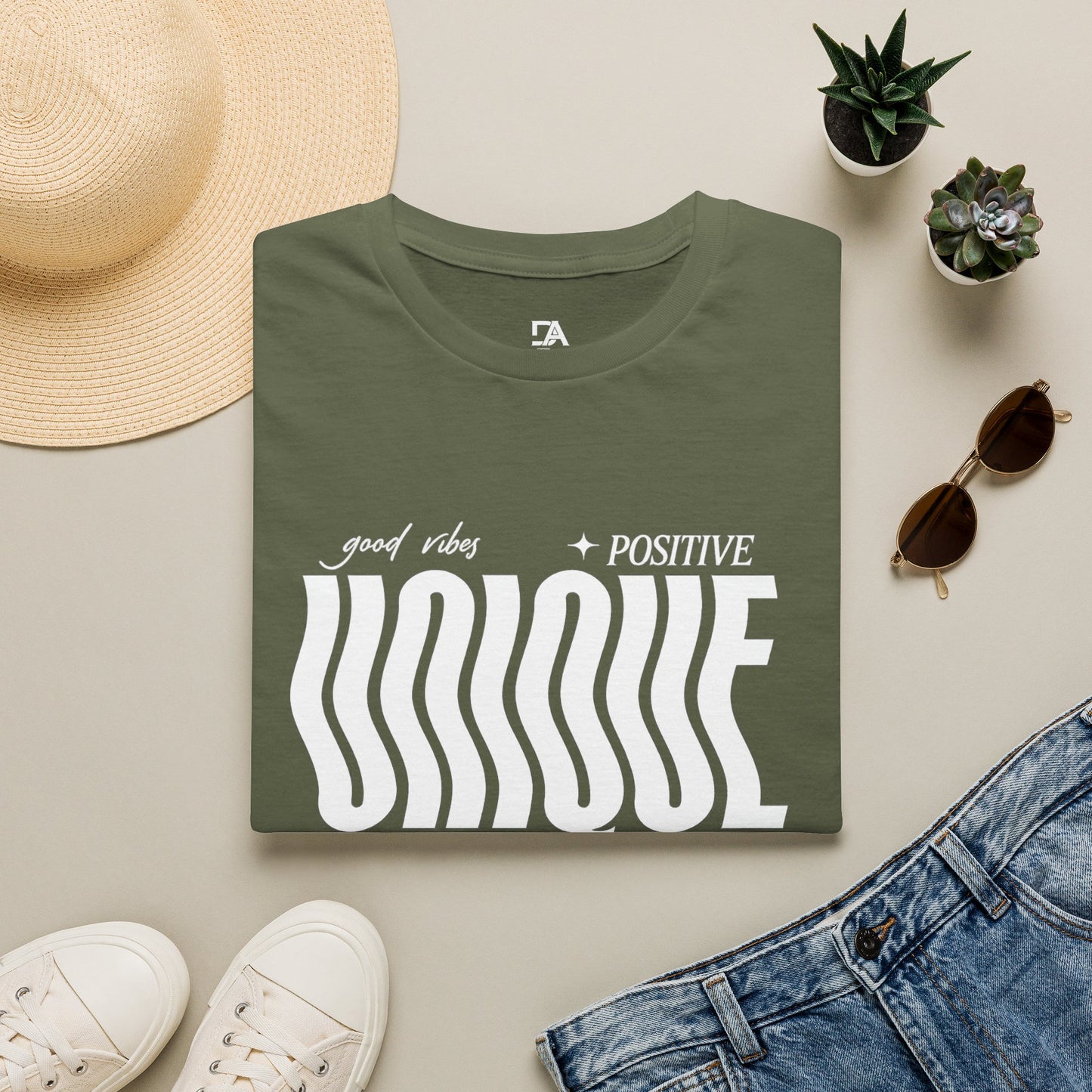Unique Graphic T-Shirt — "Good Vibes + Positive" Retro Wavy Text