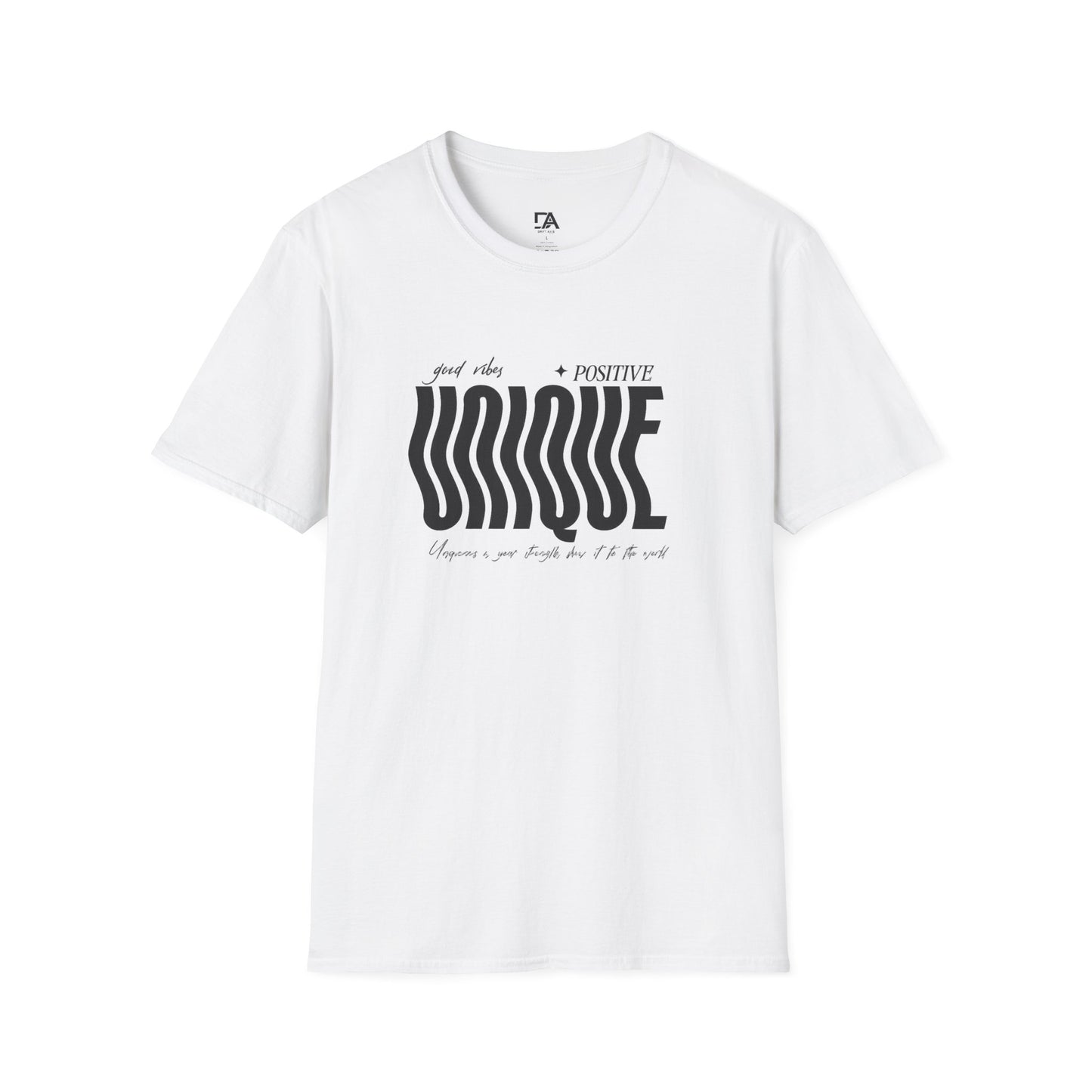 Unique Graphic T-Shirt — "Good Vibes + Positive" Retro Wavy Text