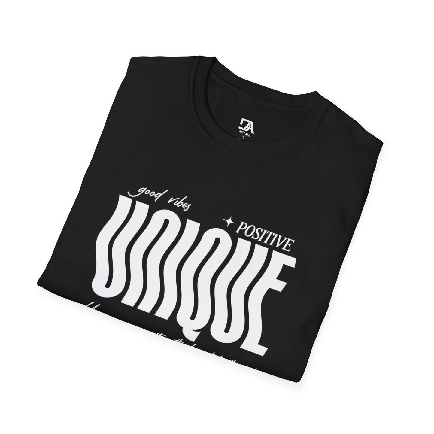 Unique Graphic T-Shirt — "Good Vibes + Positive" Retro Wavy Text