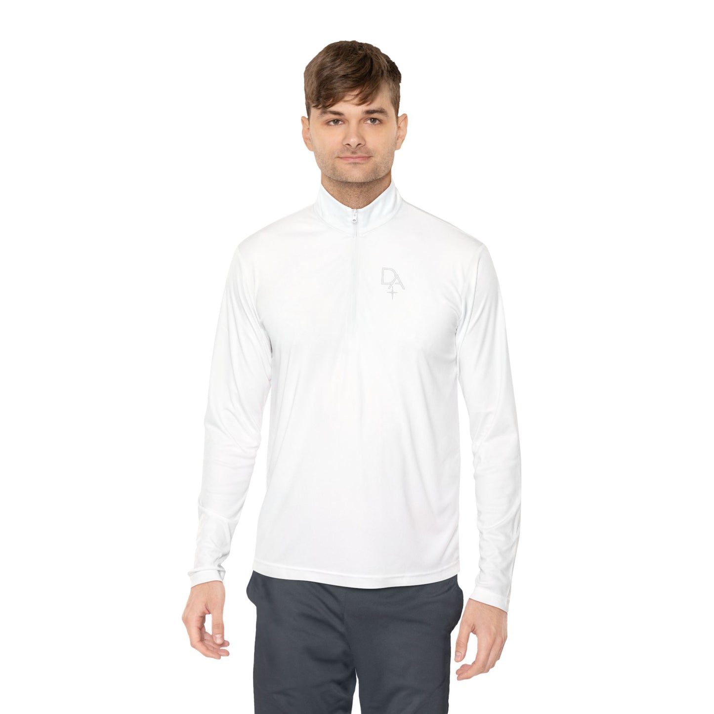 Minimal White Quarter-Zip Pullover — Small Rocket Logo