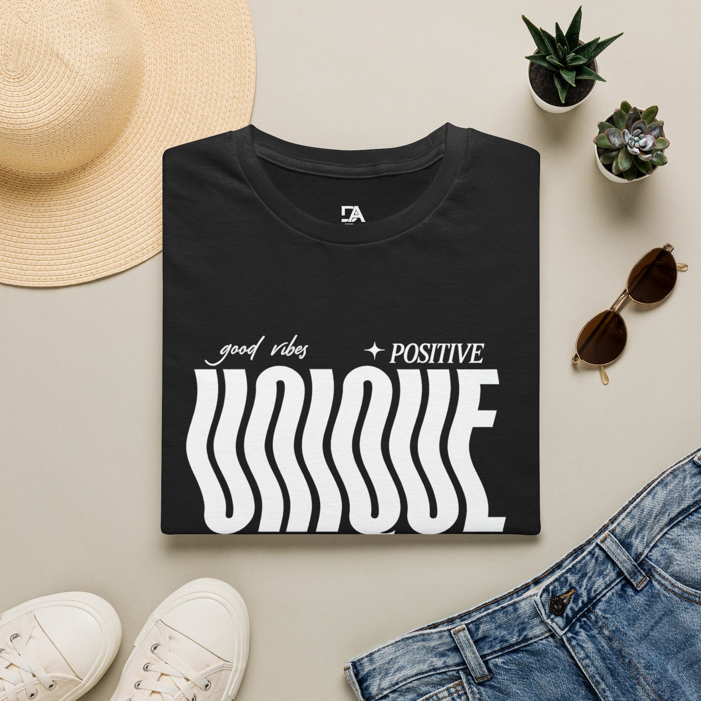 Unique Graphic T-Shirt — "Good Vibes + Positive" Retro Wavy Text