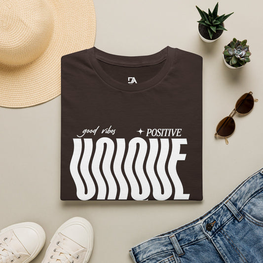 Unique Graphic T-Shirt — "Good Vibes + Positive" Retro Wavy Text