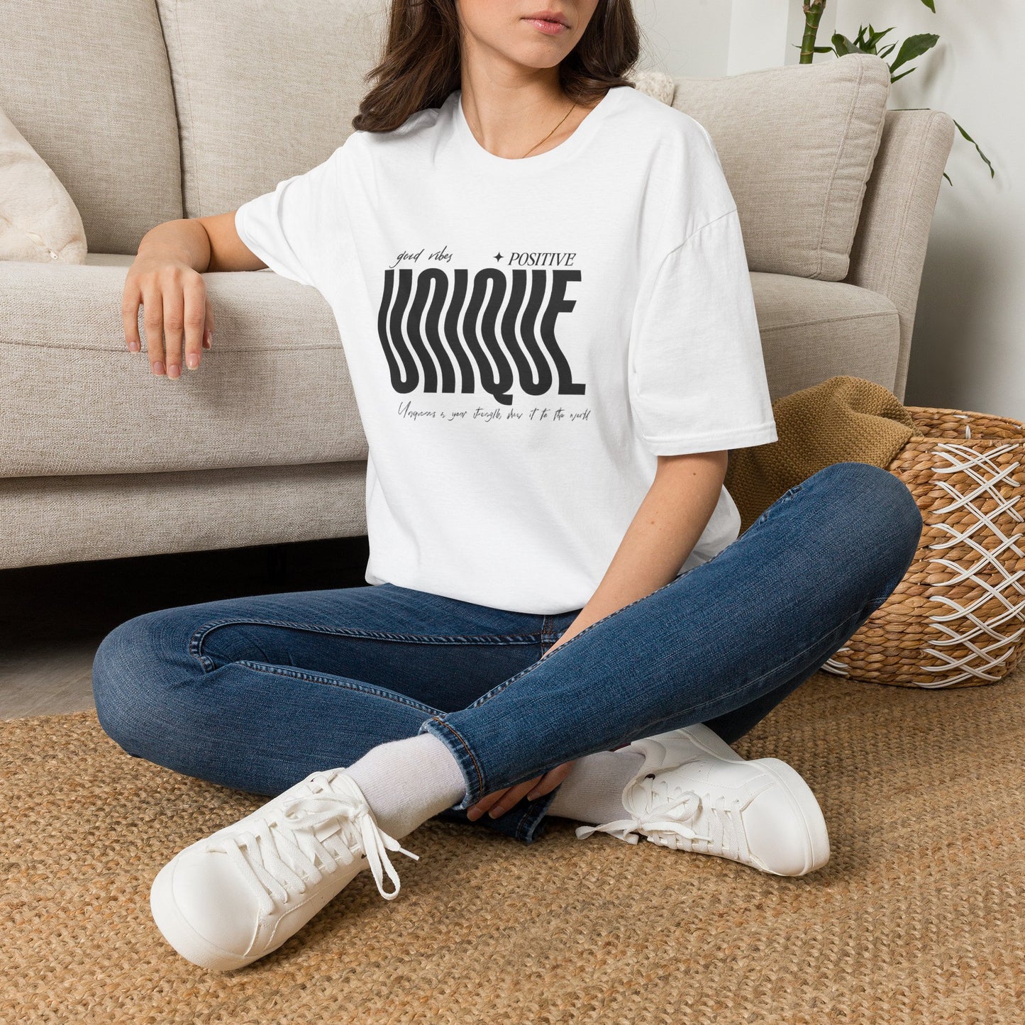 Unique Graphic T-Shirt — "Good Vibes + Positive" Retro Wavy Text